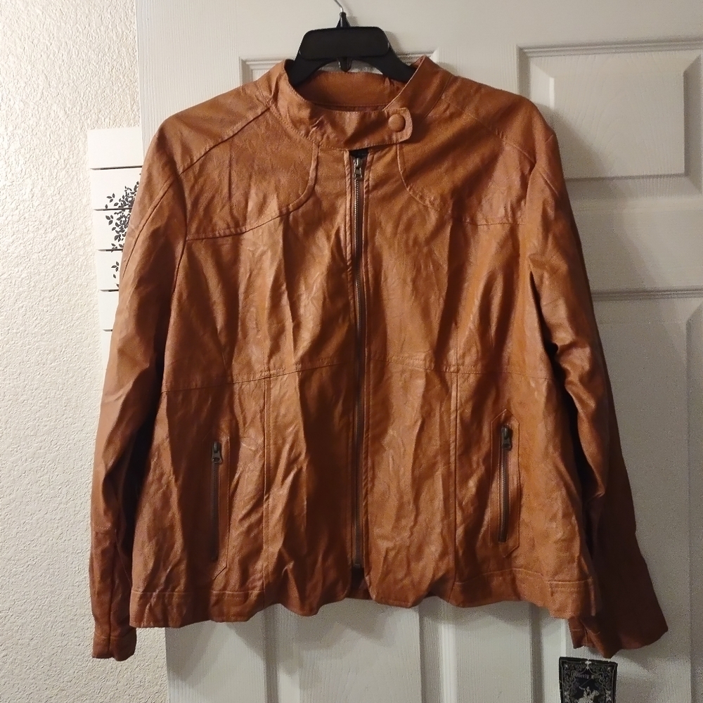 Amber colored faux leather moto jacket